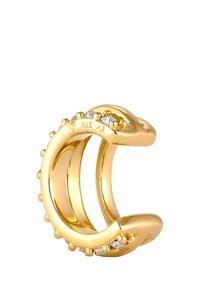 Guldtonet ring med slangemotiv, der har både glatte og strukturerede overflader, udsmykket med klare sten langs toppen. Fremstillet af 925 sterling sølv.