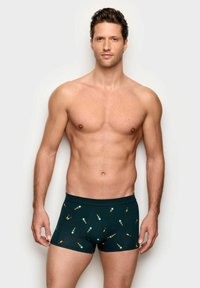 Herren-Baumwollboxershorts aus dunkelgrünem Stoff mit glatter Textur, verziert mit einem Muster aus hellblauen Flaschen und gelben Akzenten.