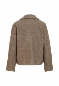 Veste marron en mélange de laine texturée avec manches longues et col large, vue de dos sur fond blanc.