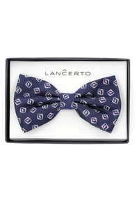 Granatowy krawat w muszkę z geometrycznym wzorem z diamentami w odcieniach fioletu i bieli. Prezentowany w czarnym pudełku z logo "Lancerto".