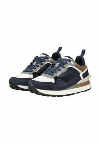 Sneaker atletici blu navy e grigi con una combinazione di suede e mesh. Presentano una suola ammortizzata e una suola esterna in gomma resistente.