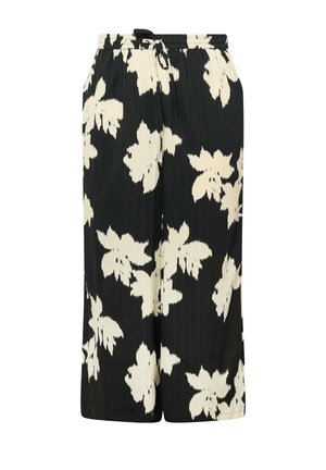 Pantalon noir à jambes larges avec imprimé floral blanc, taille élastique et cordon de serrage pour un ajustement réglable, tissu texturé.