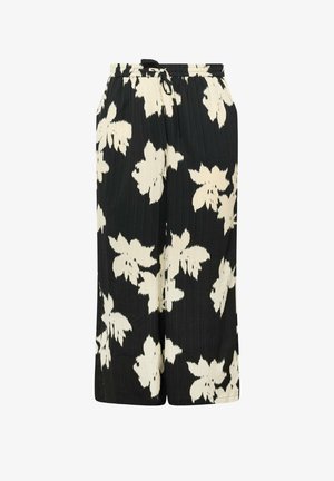 Zwarte wijde broek met witte bloemenprint, elastische tailleband en trekkoord voor verstelbare pasvorm, gestructureerde stof.
