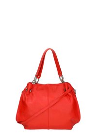 Borsa a tracolla in pelle rossa con doppi manici superiori, tracolla rimovibile e hardware in argento. Presenta una silhouette arrotondata e dettagli di cucitura discreti.