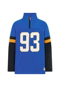 Niebieski sportowy polar z kołnierzem na pół-zamek, z siateczkową teksturą, czarnymi rękawami, dużą białą i pomarańczową cyfrą 93 oraz metką z logo.