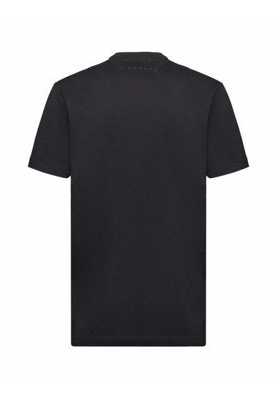 Maglietta nera in cotone con maniche corte, scollatura tonda e un sottile dettaglio del logo sulla schiena. Tessuto morbido, vestibilità classica.