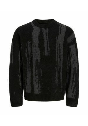 Suéter de lana negro con rayas verticales abstractas en gris oscuro, cuello redondo acanalado, puños y dobladillo.