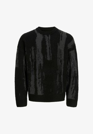 Schwarzer Wollpullover mit dunkelgrauen abstrakten vertikalen Streifen, geripptem Rundhalsausschnitt, Bündchen und Saum.