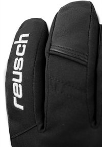 Guanto da sci isolato di colore nero con una superficie liscia, cuciture del logo bianche in contrasto e una forma aderente per comfort e calore.