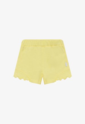 Pantalones cortos de algodón amarillo con dobladillo festoneado, cintura elástica y textura suave. Cuenta con una pequeña etiqueta en un costado.