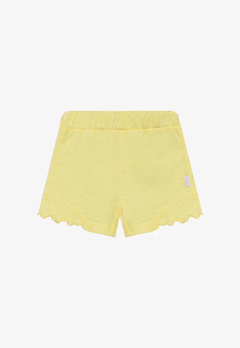 Gele katoenen shorts met een geschulpte zoom, elastische tailleband en een gladde textuur. Heeft een klein label aan de zijkant.