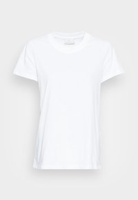 Hvid bomulds t-shirt med korte ærmer, rund halsudskæring og lige kant. Glat tekstur, ingen synlige mønstre eller detaljer.