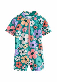 Korte mouwen, wetsuit met bloemenpatroon in teal, met roze, paarse en witte bloemen, voorzien van een rits aan de voorkant en rekbare stof.