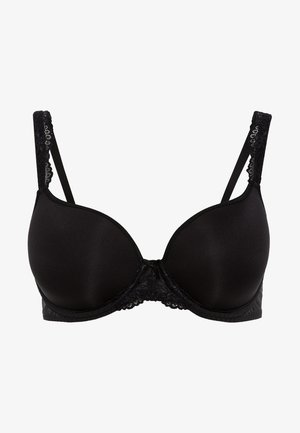 Sort bh med formede skåle, blonder trim rundt om båndet og stropperne, justerbare stropper og en glat overflade. Ingen synlige hardwaredetaljer.