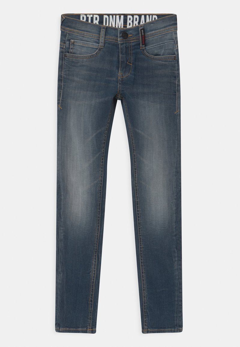 Dunkelblaue Denim-Jeans mit geradem Schnitt, leichter Ausbleichung, orangefarbenen Nähten und einem Markenbund. Verfügt über das traditionelle Fünf-Taschen-Design.