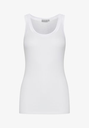 Balta, medvilninė topa su apvaliu kaklu ir siauru kirpimu. Turi plačias petnešas ir lygią tekstūrą. Nėra matomų raštų ar akcentų.