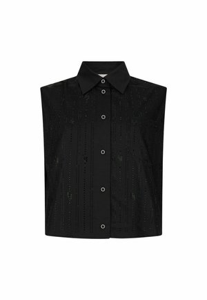 Camicia nera con maniche corte, caratterizzata da un colletto strutturato, chiusura con bottoni e decorazioni simili a paillettes disposte in linee verticali.