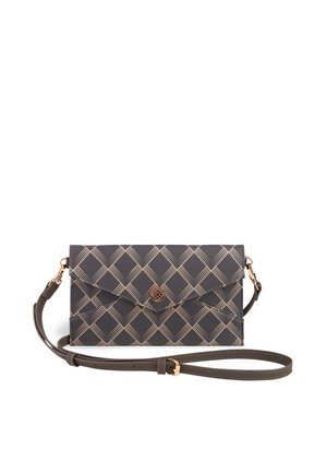 Borsa a tracolla in similpelle grigia scura con motivo a griglia beige, chiusura a patta, hardware color oro e tracolla regolabile.