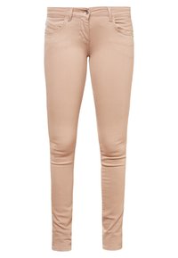 Ljust beige skinny jeans med en jämn textur, med fem fickor, knappstängning och kontrasterande sömmar.