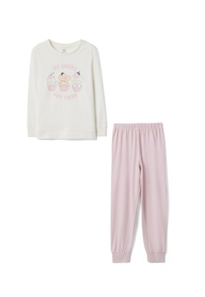 Maglietta bianca a maniche lunghe con grafica di cupcake e orsetto e testo rosa, abbinata a pantaloni rosa chiaro con vita elasticizzata per bambini.
