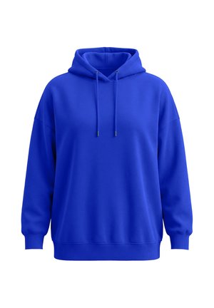 Hellblauer Pullover mit Kapuze, langen Ärmeln, verstellbarem Kordelzug an der Kapuze, gerippten Bündchen und Saum, dargestellt vor weißem Hintergrund.