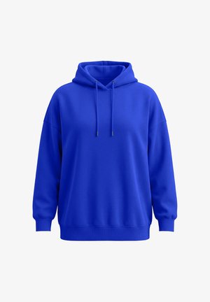 Kirkkaan sininen hupullinen collegepaita, jossa on pitkät hihat, säädettävä kiristysnyöri hupussa, resorit hihansuissa ja helmassa, esitetty valkoisella taustalla.