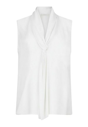 Blusa bianca senza maniche con dettaglio nodo drappeggiato sul davanti e scollo a V profondo.