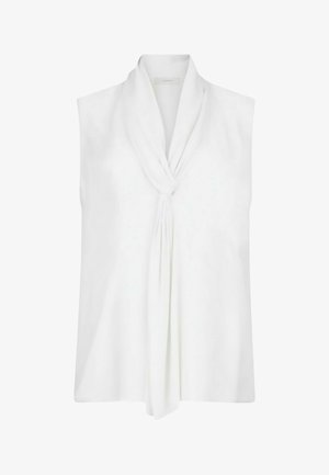 Blusa bianca senza maniche con dettaglio nodo drappeggiato sul davanti e scollo a V profondo.