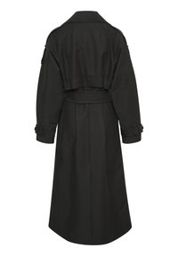 Manteau long noir à design court, manches longues, poignets ajustables et taille ceinturée. Présente un col classique et une coupe droite.