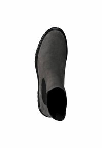 Stivale alla caviglia in suede grigio con pannelli laterali elasticizzati, suola in gomma nera e punta arrotondata. Texture liscia e design minimalista.