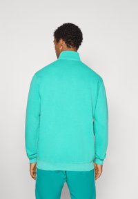 Τυρκουάζ φούτερ με ψηλό γιακά, ριμπ μανσέτες και μέση. Μαλακή υφή, λιτός σχεδιασμός, θέα από πίσω.