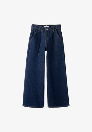 Jean taille haute à jambes larges en denim bleu foncé avec poches avant, passants pour ceinture, fermeture par bouton et détails plissés à la taille.