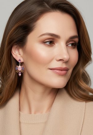 Vrouw met lang bruin haar, roze en paarse edelsteen oorbellen en een beige gebreide trui en jas, kijkt iets naar rechts.