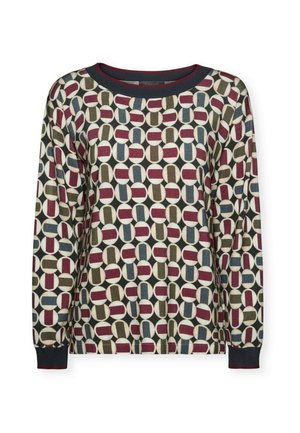 Maglione a maniche lunghe con un motivo geometrico in verde scuro, burgundy e blu su uno sfondo crema; colletto e polsini a costine.