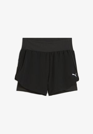 Czarne sportowe szorty z szerokim pasem, warstwowym krojem i małym białym logo Puma na dolnej lewej nogawce.