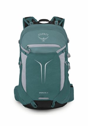 Sac à dos Osprey Sportlite 25 bleu sarcelle et gris avec plusieurs compartiments, bretelles rembourrées et éléments réfléchissants.