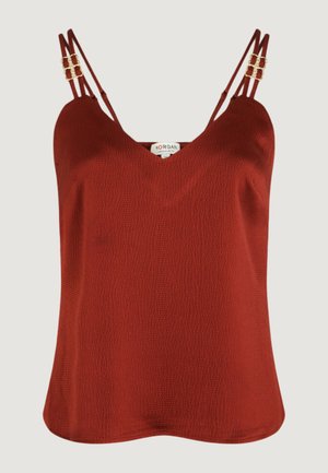 Top senza maniche di colore ruggine con tessuto testurizzato, doppi sottili spalline con piccole fibbie dorate e leggero scollo a V.