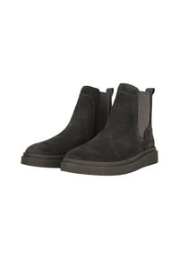 Sorte suede ankelstøvler med elastiske sidedele, rund tå og gummisåler. Har trækhåndtag for nem påtagning.