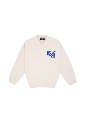 Pull polo à manches longues crème avec un logo brodé "w/s" bleu sur la poitrine gauche, avec un ourlet et des poignets côtelés.