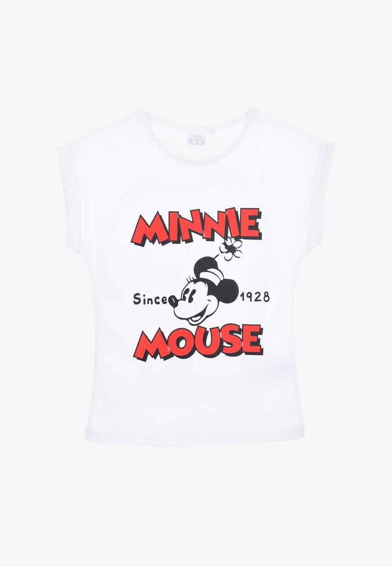 Camiseta blanca de manga corta con el texto negro y rojo "MINNIE MOUSE" acompañado de un gráfico de la cara de Minnie Mouse y el texto "Desde 1928."