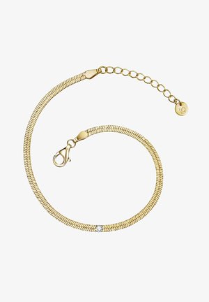 Bracciale color oro con design a maglia flessibile, dotato di chiusura a crab e di un piccolo accento di pietra gemma trasparente. Catena regolabile con un delicato ciondolo.