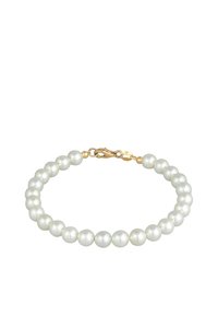 Weißes Perlenarmband mit glatten, runden Perlen und einem goldenen Verschluss, der ein klassisches und elegantes Design schafft.