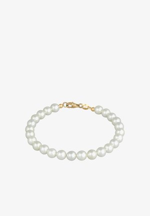 Brăţară din perle albe cu perle sferice netede şi un închizător din aur, creând un design clasic şi elegant.