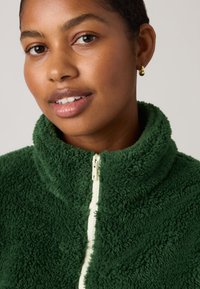 Νεαρή γυναίκα που φοράει χρυσούς κρίκους στα αυτιά και μια σκούρα πράσινη, μαλακή ζακέτα με φερμουάρ, χαμογελώντας ελαφρώς με ουδέτερο φόντο.