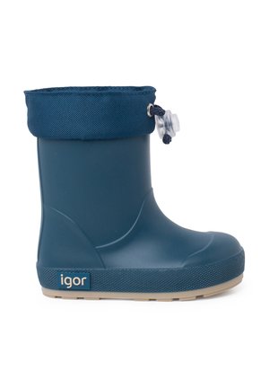 Dunkelblaue Gummiregenstiefel mit einem strukturierten navyblauen Stoffbund, einer hellbeigen Sohle und einem verstellbaren Kordelzugverschluss für einen sicheren Sitz.