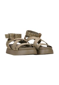 Olive green platform sandals with gold stud detailing, featuring crisscross straps and a side buckle for adjustment. Textured footbed.