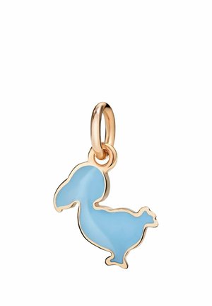 Blauer Emaille-Dodo-Vogelanhänger mit goldenem Umriss und Öse zum Befestigen an einem Armband oder einer Halskette, auf weißem Hintergrund dargestellt.
