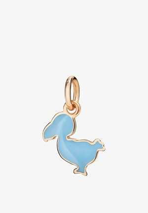 Blauer Emaille-Dodo-Vogelanhänger mit goldenem Umriss und Öse zum Befestigen an einem Armband oder einer Halskette, auf weißem Hintergrund dargestellt.