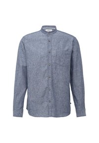 Blauwe chambray overhemd met een bandkraag, lange mouwen, voorzak en knoopsluiting. De stof heeft een gladde textuur met een subtiele patronen.