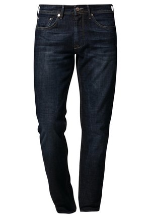 Jean slim bleu foncé avec poches avant, passants pour ceinture et fermeture par bouton, présenté sur fond blanc.